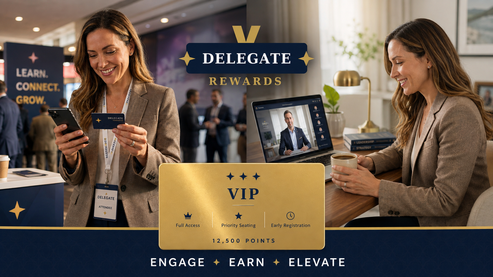 Delegate Rewards members earning points at live and virtual B2B events, with a gold VIP tier card