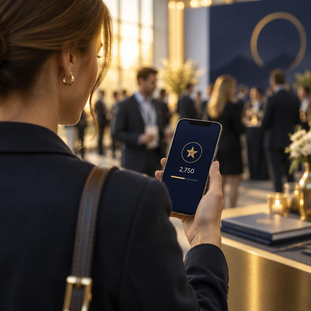 A marketing director at a B2B conference checks her points balance on her phone